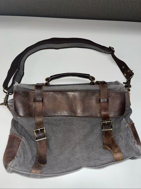 S-Zone Gray Canvas Messenger Bag with Brown Leather Trim - Classic Work Satchel